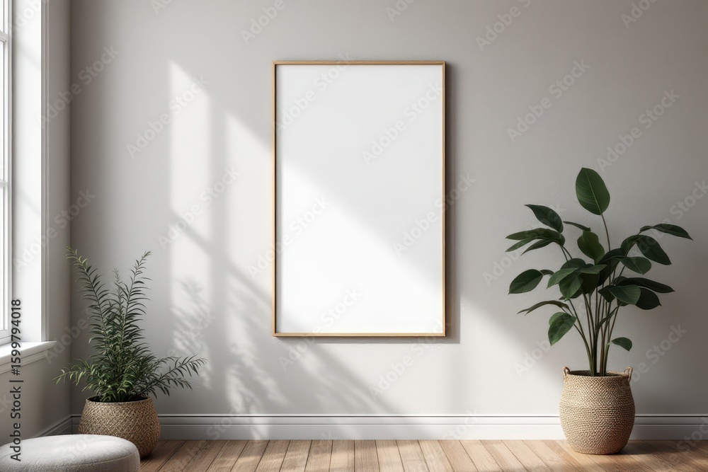A minimalist interior scene features a blank vertical poster with a light wood frame, hung on a light gray wall, A minimalist interior scene features a blank vertical poster with a light wood frame, hung on a light gray wall,