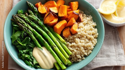 Healthy, high fiber, vegetarian recipes. A vibrant, healthy bowl with roasted sweet potatoes, asparagus, quinoa, spinach, and a creamy sauce on the side.