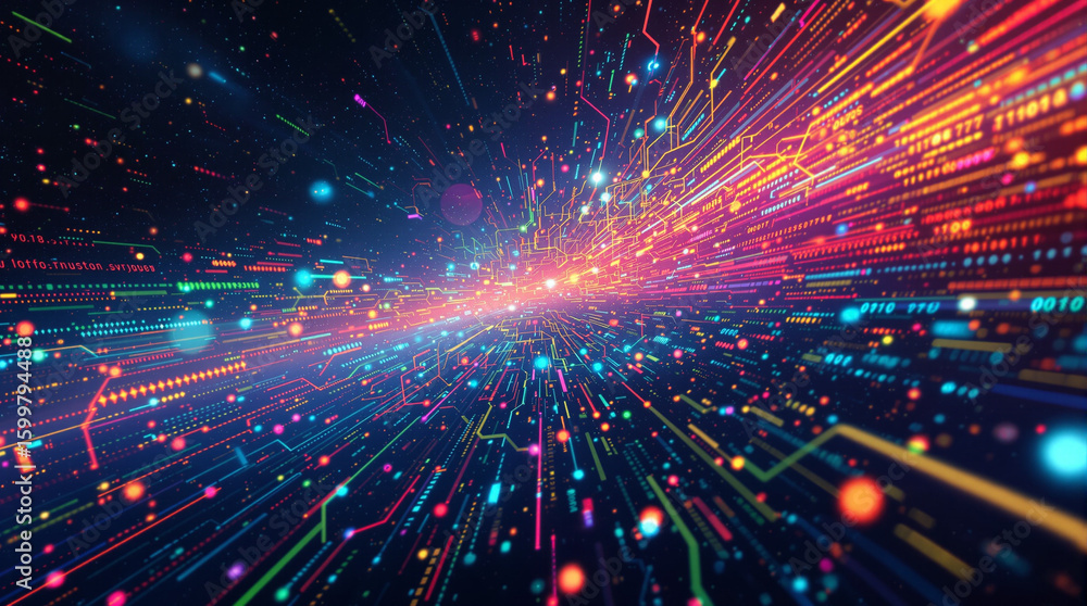 Fototapeta premium A vibrant, multicolored digital light streak effect, resembling data streams converging and diverging from a central point in a dark background. Intense luminosity and dynamic movement are depicted