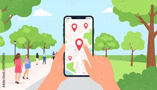 Hands holding smartphone with map app in a park