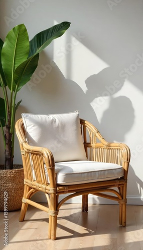 Elegant bamboo armchair, natural texture, handcrafted detail, perfect for a modern or bohemian interior Relaxing, sustainable, eco-friendly design , woven, artisan, beige