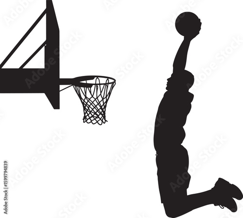 Black silhouette of a basketball player dunking on a white background slam dunk hoop