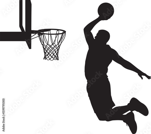 Black silhouette of a basketball player dunking on a white background slam dunk
