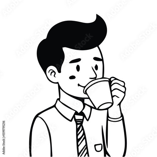 Young man in business attire drinking coffee in a casual setting. Male professional enjoying a beverage at work. Young adult business professional enjoying coffee break at office -
