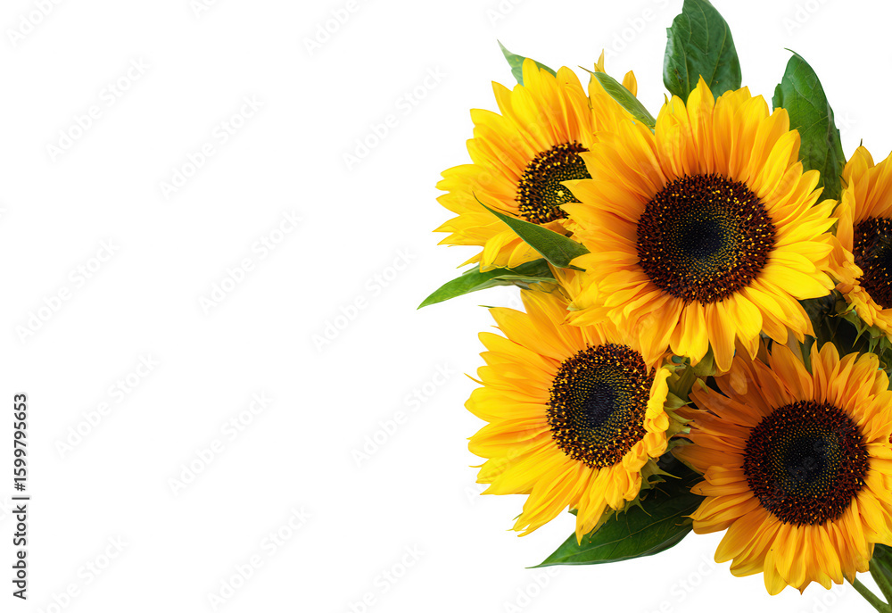 Naklejka premium Bright Yellow Decorative Sunflower Border with Green Leaves on Transparent Background