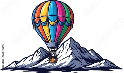 A vibrant hot air balloon soars above majestic mountain peaks, showcasing a colorful adventure and a sense of freedom, perfect for travel and exploration themes.
