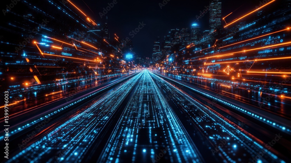 Fototapeta premium Futuristic city street with digital data streams