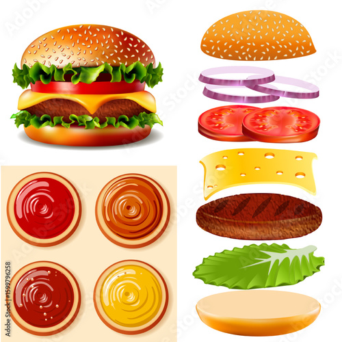 Hamburger with ingredients and sauces in flat design style  