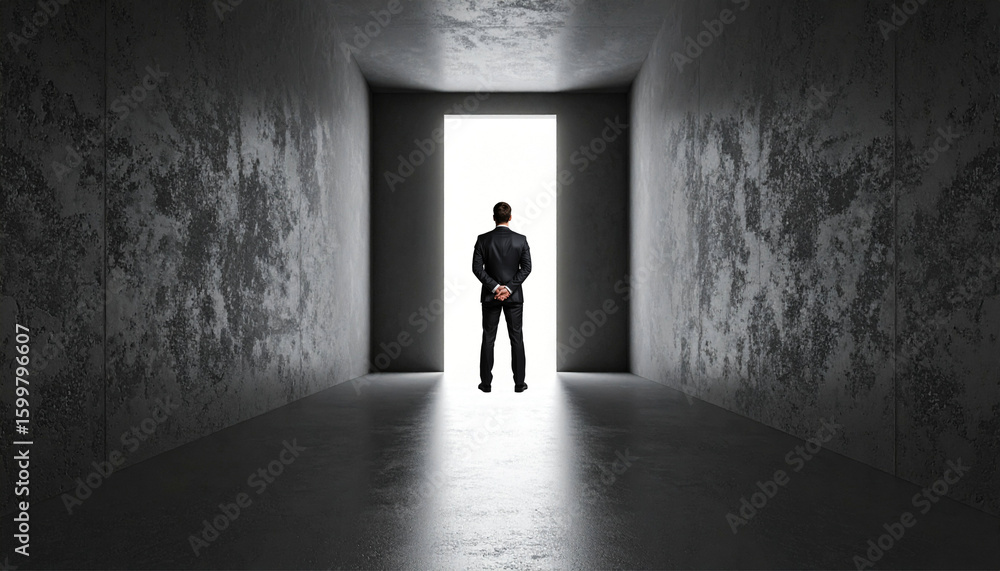 Obraz premium Businessman standing at the entrance to the light. Business concept about success and ambition.