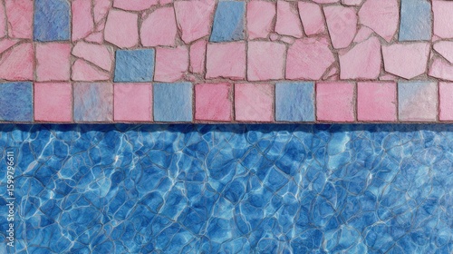 Aerial view of swimming pool with pink and blue tile poolside texture