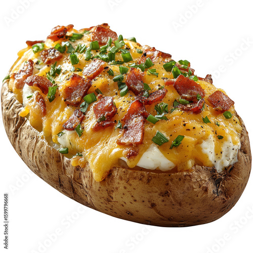Deliciously loaded baked potato topped with melted cheese crispy bacon bits and fresh chives isolated on transparent background