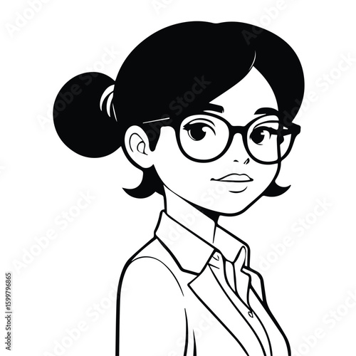 Young woman in business attire, profile view, in an office setting. Professional female student with glasses and a formal look, looking at viewer from profile position.