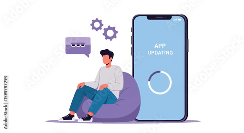 Man sitting on a beanbag with phone app updating on white background