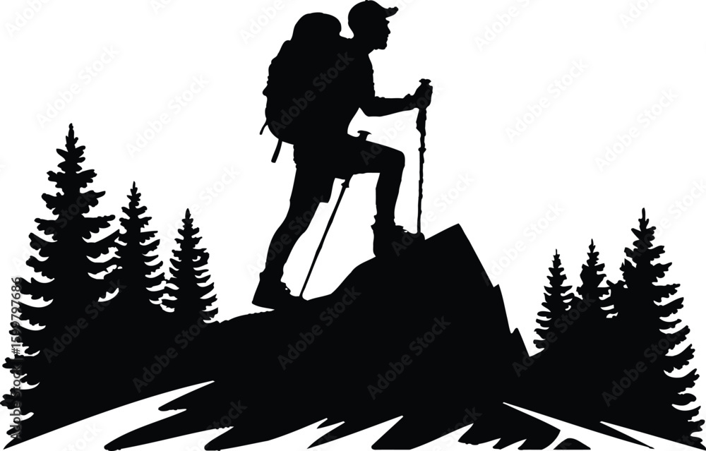 Fototapeta premium Hiking Man Silhouette Vector Illustation