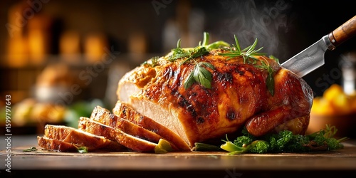 Golden roasted Thanksgiving turkey being carved hot with herbs and garnish