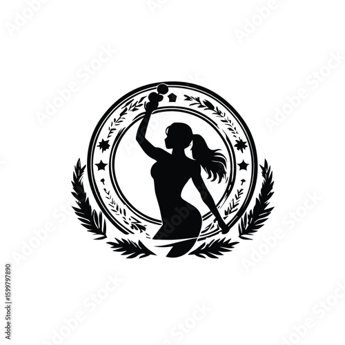 Female fitness silhouette lifting weights in decorative frame. Strong, athletic woman in activewear lifting dumbbells in a stylized emblem.