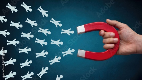 Hand holding magnet attracting people, representing recruitment, talent acquisition, and attraction