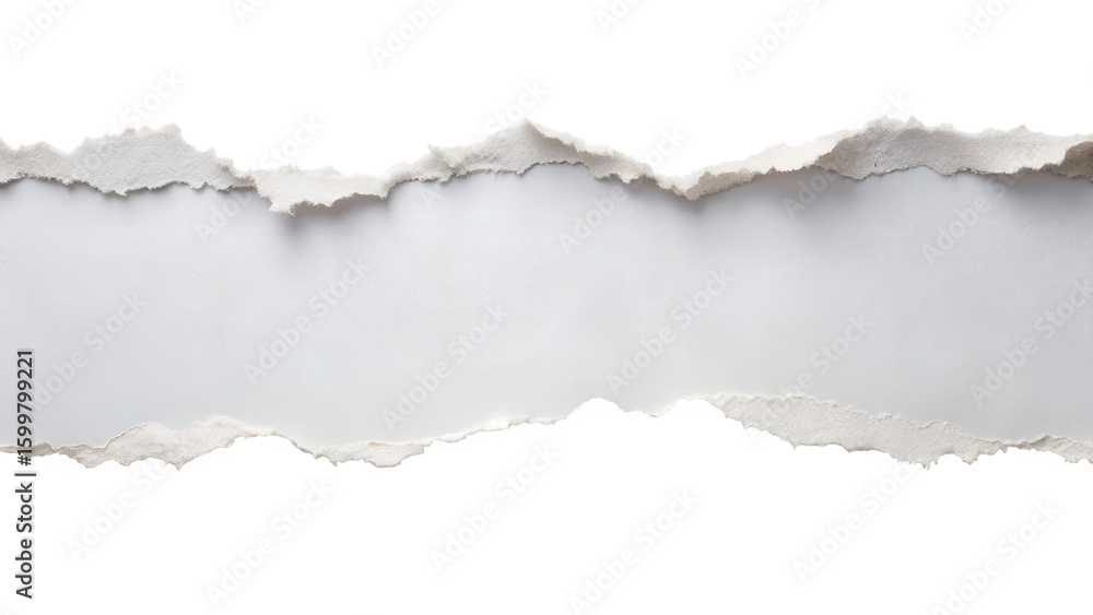 A torn strip of white paper with rough jagged edges creating a gap isolated on a transparent A torn strip of white paper with rough jagged edges creating a gap isolated on a transparent
