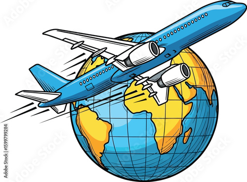 A blue airplane soars around a globe, symbolizing global travel and connectivity, with a cartoon style that evokes themes of adventure and worldwide destinations.
