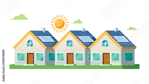 Illustration of three houses with solar panels on the roofs under a shining sun and some clouds
