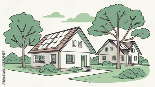 Illustration of two houses with solar panels and trees in a green neighborhood setting on a sunny day