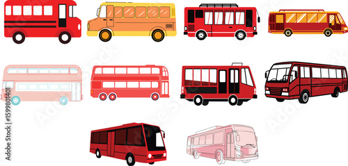 “Public Transport Bus Illustration Set – Vector Collection of School Buses, City Buses, and Double-Decker Vehicles on transparent background 
