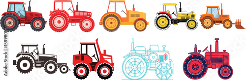 “Set of Colorful Tractors illustration  Vector Farm Vehicles Collection for Kids and Agriculture Design Projects on transparent background 