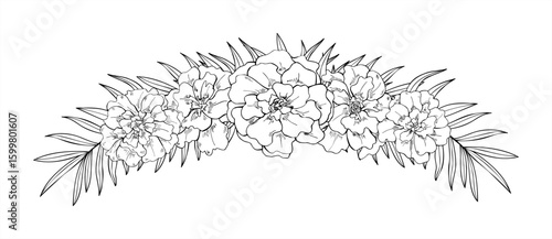 Marigold and tropical leaves horizontal banner vector illustration painted by black inks. Blooming tagetes plant line art sketch. Floral garland for wedding invitation, cultural festival decoration