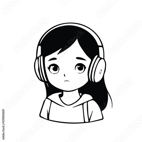 Young girl wearing headphones in a casual hoodie, listening intently in a simple studio setting. Cute anime style girl with headphones listening to music. no specific location.