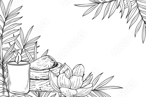 Sacred elements horizontal monochrome frame with empty space for text. Lotus flower, candle, stone pyramid, tropical leaves vector illustration. For spa menu, meditation journal, wellness certificate
