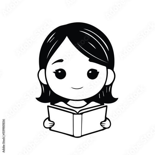 Young girl in casual attire engrossed in reading a book in a simple setting. Student happily absorbed in a book on a white background.