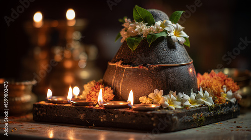 Pradosh Vrat: Shiva linga decorated with bilva leaves, flowers, and diya lamps, shot during Pradosham evening puja, sacred ambiance, clean background