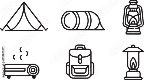 Camping and Hiking Icon Set Featuring a Tent Tunnel Backpack and Target in a Simple Outline Style Perfect for Outdoor Adventure Designs and Recreational Activities