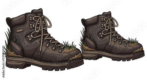Two brown cartoon hiking boots with laces and grass accents evoke a sense of adventure and the outdoors, perfect for travel, hiking, or outdoor-themed designs.