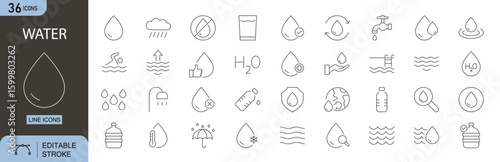 Water icons set. Includes icons for water drop, faucet, clean water, rain, waves, conservation, hydration, plumbing, and water supply. Line icons. Perfect for infographics.