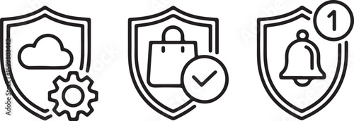 Secure Shopping Vector Icon A clean line art illustration of a shopping bag inside a shield with a checkmark representing safe and protected online purchases
