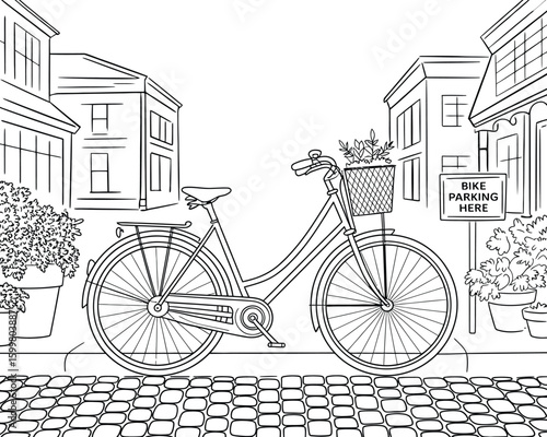 Minimalist Bicycle Line Drawing with Basket and Potted Plants, Centered on Cobblestone Street with Bike Parking Sign and Urban Background