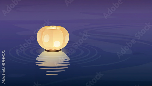 Japanese Obon festival, A minimalist illustration depicting a single glowing paper lantern floating on calm water.