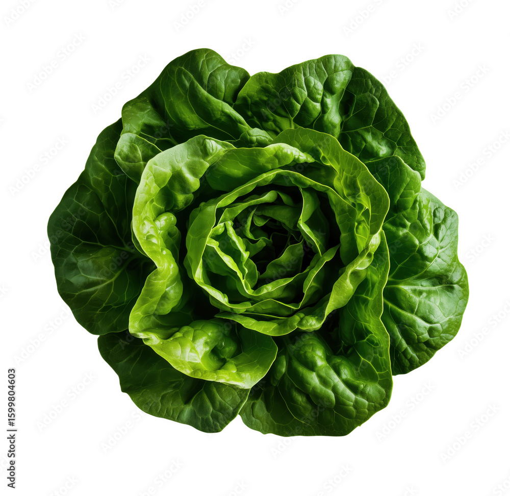 Fototapeta premium Fresh organic lettuce head isolated on transparent background top view closeup