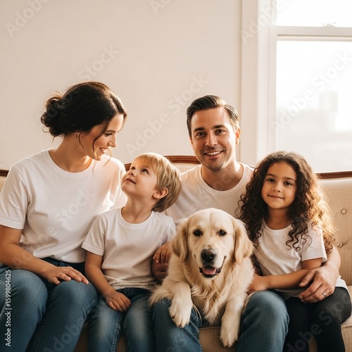 Happy Family with Children and Dog Posing Together Outdoors in Matching Outfits.  portrait, jeans, t-shirts, pet, bonding, unity, group, summer, together, park, happy family, family portrait, young