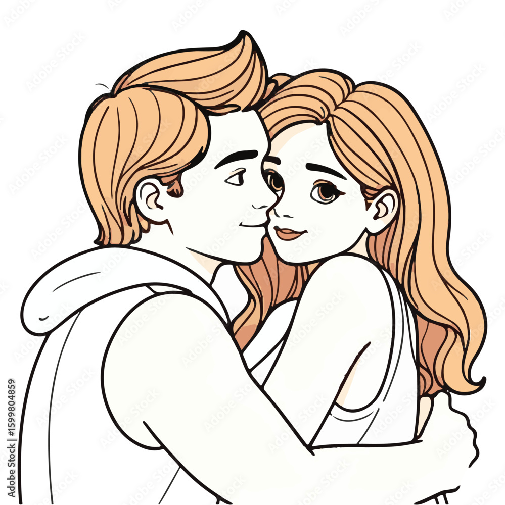 Young couple embracing in loving pose. Teenagers in casual clothing, hugging close indoors. Students hugging in a school setting. Illustration - Young couple embracing in loving pose. Teenagers in casual clothing, hugging close indoors. Students hugging in a school setting. Illustration -