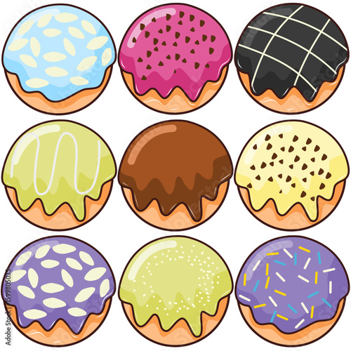 A collection of colorful donut icons with various icing and toppings, ideal for food-related design or digital use.