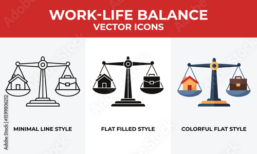 Work-Life Balance Icons. Scale with House and Briefcase. Minimal Line, Solid Black, and Flat Color Styles