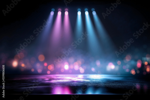 High-Gloss Black Concert Stage Reflecting Multicolored Lights Under Violet and Blue Spotlights with Blurred K-Pop Crowd