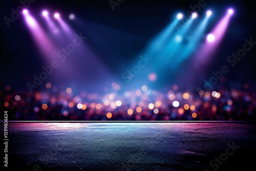 High-Gloss Black Concert Stage Reflecting Multicolored Lights Under Violet and Blue Spotlights with Blurred K-Pop Crowd