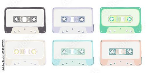 Retro cartoon cute cassette tapes set of illustrations, colorful flat design. Analog media for recording and listening to music.