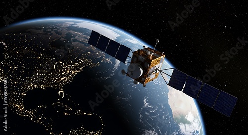 Fototapeta Naklejka Na Ścianę i Meble -  Satellite orbiting Earth providing communications technology and global positioning system over glowing city lights in deep space