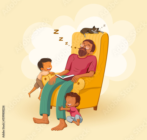 Illustration of Grandpa and a cat sleep soundly on a chair while his two grandchildren play and bother him.