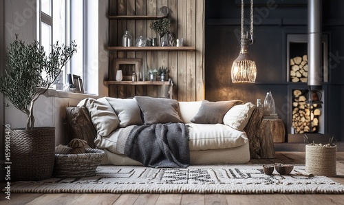 cozy interior with layered textures, wool, linen, wood, metal accents, warm light, tactile materials 