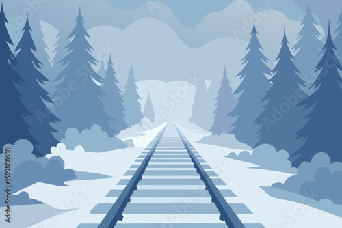 Snow-Covered Train Tracks in Foggy Winter Forest Rustic Scene